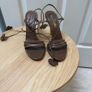Valentino Garavani Brown Leather Lace-Up Floral Sandals